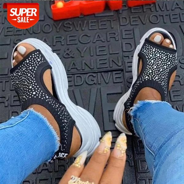 

mcckle sandals woman casual shoes summer peep toe platform ladies rhinestone slip on women fabric plus size comfort 2020 fashion #aq0a, Black