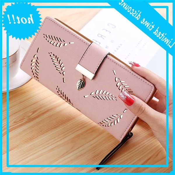 

women's long pu leather wallets hollow leaves pouch handbags for women wallet cardholders clutch, Red;black