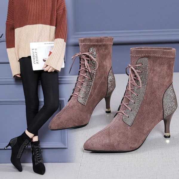 

boots pointed toe suede ankle for women fashion lace-up short shoes autumn thin heels pumps high, Black
