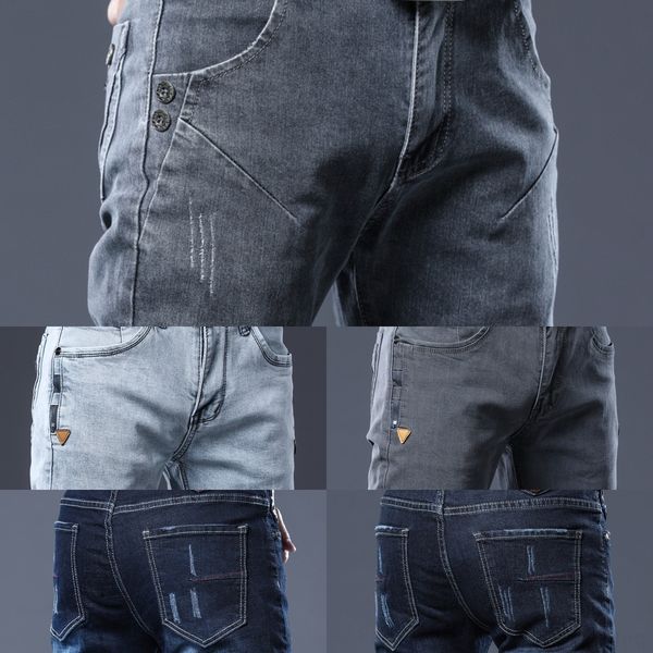 

ou363 autumn jeans fashion br jeans and small and style fit elastic jeanstrousers feet long pants men's korean jeansslim trendy men&#03, Blue