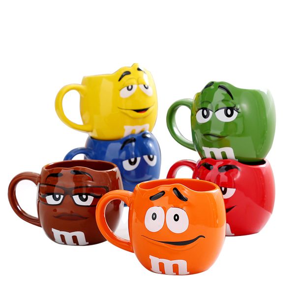 M M tazze da caffè tazze da tè in ceramica e tazze di grande capacità segno carino fagiolo espressione cartone animato bicchieri creativo inviare cucchiaio Y200106