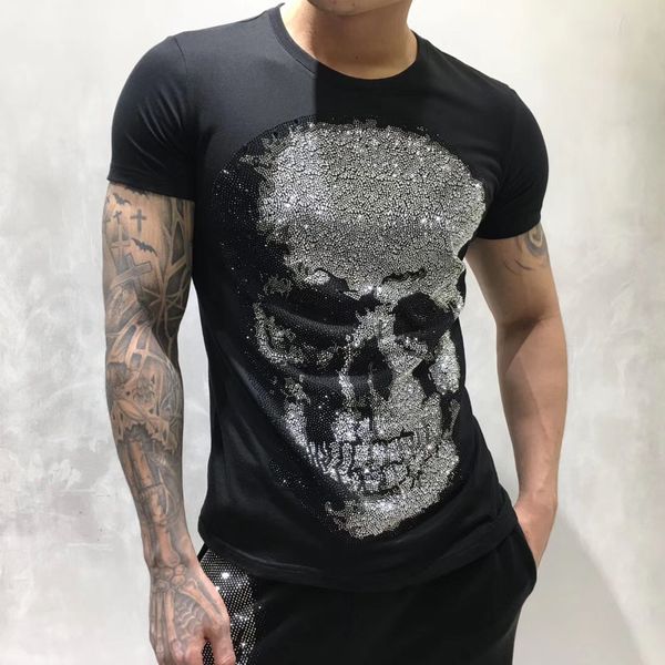 

mens designer t shirts men short sleeve fashion rhinestone big skull man t-shirt male 100% cotton tees, White;black