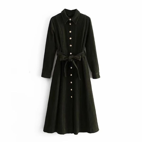 

2021 new green corduroy shirt women long sleeve collared midi dress woman belt a-line autumn winter elegant ladies dresses dj37, Black;gray