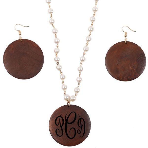 

dhl new fashion monogram wooden disc pendant earrings pearl beaded necklace set, Silver