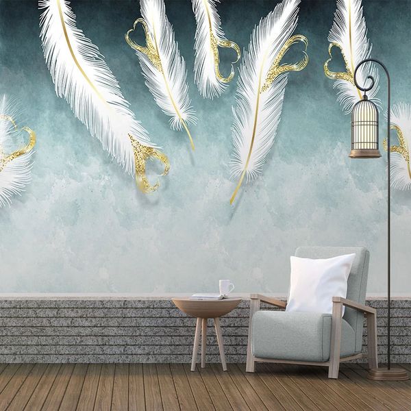 Personalizado Qualquer um Tamanho Mural Wallpaper Mão Modern coração pintado Branco Penas Shaped Fresco Sala TV Sofa Quarto papéis de parede