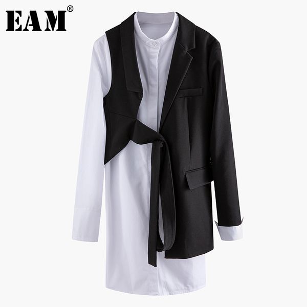 

[eam] women black asymmetrical two piece blazer new lapel long sleeve loose fit jacket fashion tide spring autumn 1n904 201103, White;black