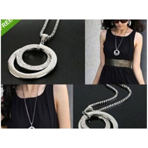

ol fashion crystal diamond silver necklaces double circle long section of the necklace female sweater chain wholesa sqcnxi queen66