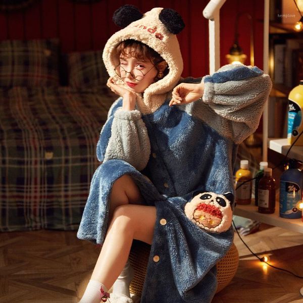 

flannel nightgown women thicken nightdress cute cartoon panda hooded bath robe warm home wear bathrobe plus size1, Black;red