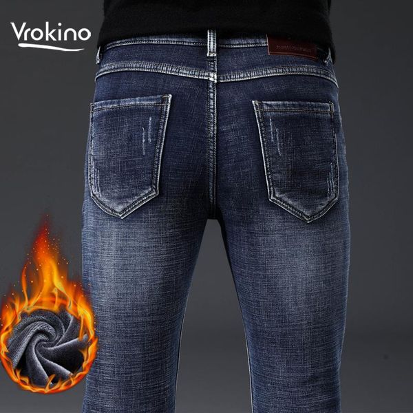 

men's jeans winter 2021 fashion warm business casual thick stretch trousers large size 40 42, Blue
