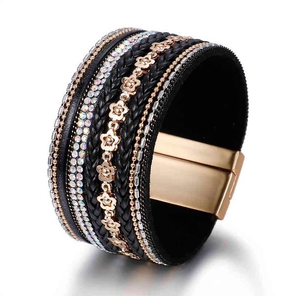 

selling bohemian style rhintone flower decoration magnetic buckle leather women's bracelet, Golden;silver