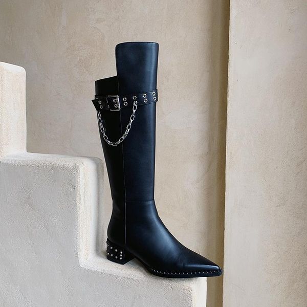 

side zipper pointed toe high boots knee high boots women autumn winter warm genuine leather party office shoes woman, Black