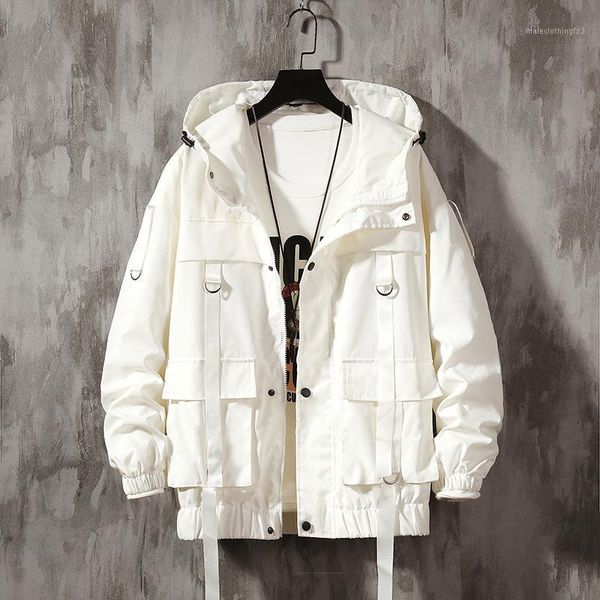 

men's jackets men streetwear hip hop bomber jacket 2021 man harajuku ribbons pockets windbreaker korean style fashions clothing plus si, Black;brown