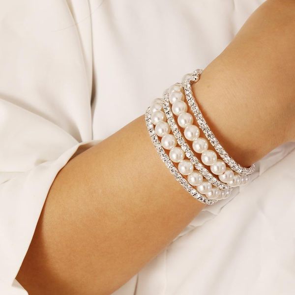 

fashion multi layer rhinestone faux pearl bracelet women charm beaded pearl wide strand bracelets female elegant party jewelry, Black