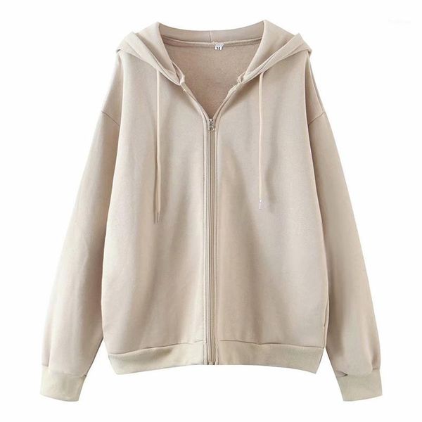 

floy fashion beige hooded sweatshirts women elegant casual zipper sweatshirt women autumn solid loose sweatshirts ladies1, Black