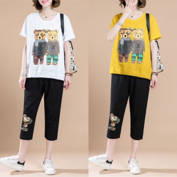 

avvxw sports 3vtu7 women's 2020 summer large t-shirt size t-shirt suit size short sleeve new loose casual capri pants two-piece set lar, Gray