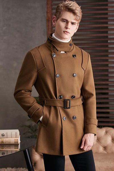 

2020 autumn and winter stand-up collar woolen coat for men young man luxury camel wool coat europe male slim overcoat, Black