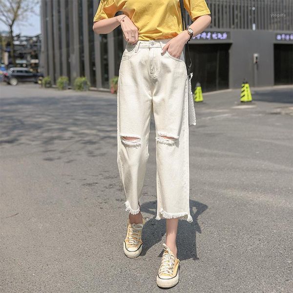 

2020 autumn white denim pants for girls loose cotton jeans plus size female trousers with holes1, Blue