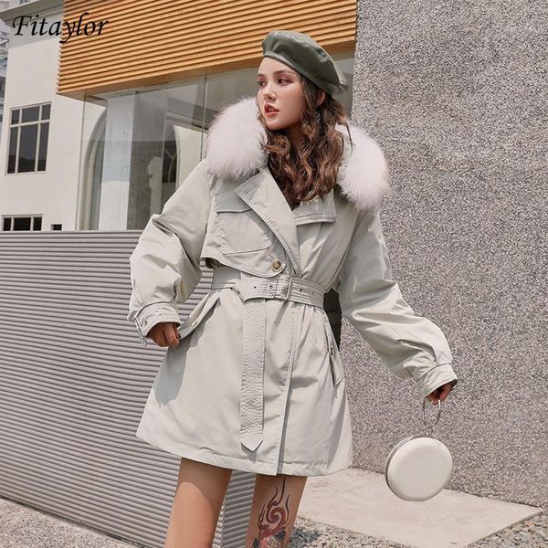 

fitaylor winter women big real fur collar hooded down parkas 90% white duck down coat with belt thick warm windbreaker outwear1, Black