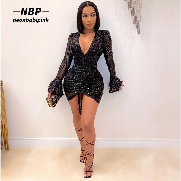 

casual dresses neonbabipink party night club for women sparkly sequin mesh feather long sleeve deep v bodycon mini dress n57-gf341, Black;gray