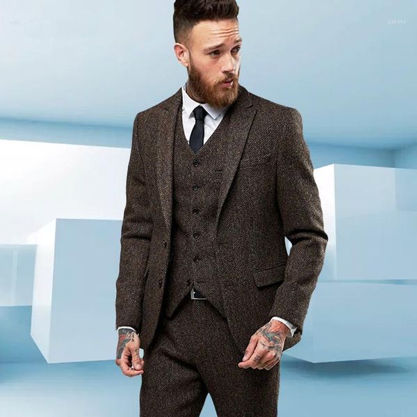 

custom made tweed wool brown herringbone men suit british style modern blazer 3 pieces skinny men suits (jacket+pants+vest) 20201, White;black