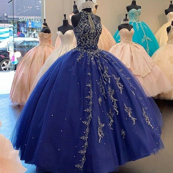 

shinning dark blue quinceanera dresses beads halter neck sweetheart sweet 16, Blue;red
