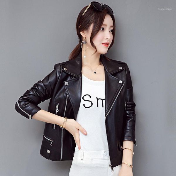 

autumn new clothing short fund locomotive loose coat leather jacket women1, Black