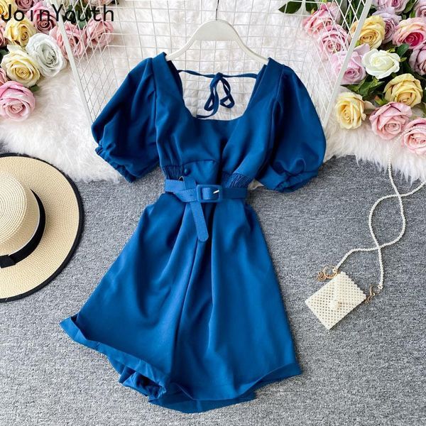 

joinyouth jumpsuits for women 2020 summer korean clothing elegant puff sleeve square collar bodysuit lace up lbackless playsuit1, Black;white