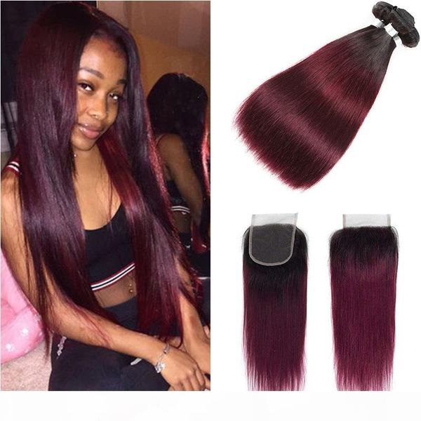 

brazilian ombre straight human hair 3 bundles with closure colored 1b 99j burgundy brazilian virgin human hair weave with lace closure, Black;brown
