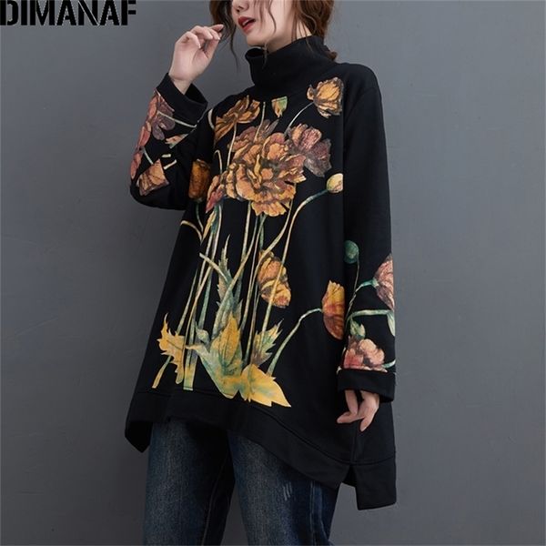 

dimanaf plus size women hoodies sweatshirts pullover lady floral print turtleneck autumn winter cotton thick loose clothing 201216, Black