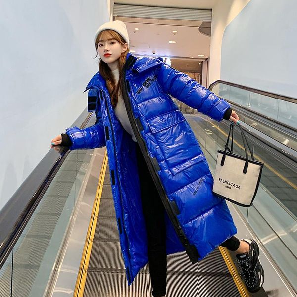 

2021 new winter women's jacket glossy down jackets women's long coat hooded parkas thick winter jacket women outwear oversized, Black