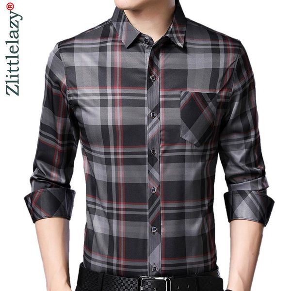 

2020 brand casual pocket plaid long sleeve slim fit men shirt streetwear social dress autumn shirts mens fashions jersey 92303, White;black