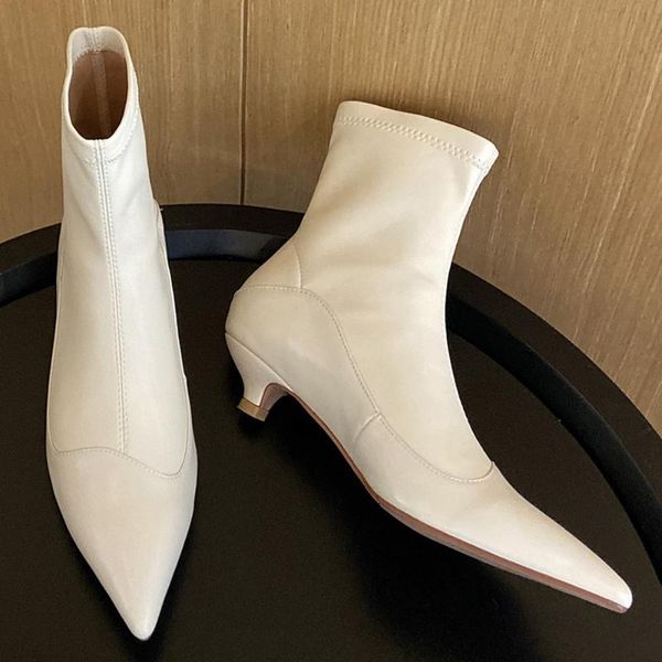 

женская натуральная кожа осенью котенок каблук заостренные носки лодыжки сапоги элегантные дамы скольжения черные тонкие короткие петики обу, Black