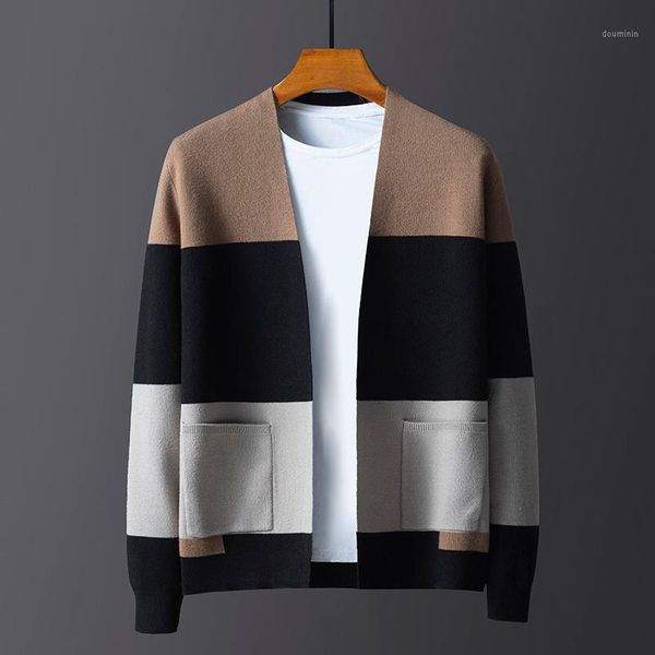 

2020 autumn men 's knitted cardigan trend stripes slim -fitting men 's clothing youth sweater inverness thin sweater outer wear1, White;black