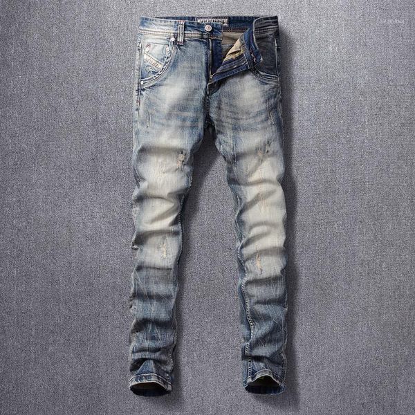 

italian style fashion men jeans retro blue slim ripped denim cotton long trousers classical vintage designer pants1