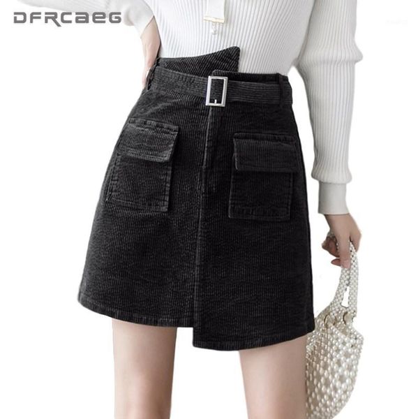 

casual corduroy irregular woman skirt winter 2020 autumn high waist short solid vintage a-line skirts ladies faldas saias1, Black