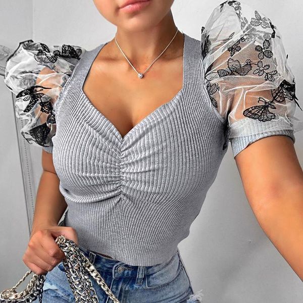 

women butterfly mesh see through short puff sleeve elastic blouse ladies female square neck solid short shirts summer, White