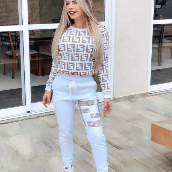 

women's designer clothing 2020 new long-sleeved pullover sweater autumn and winter print clothes trousers two-piece suit, White;black