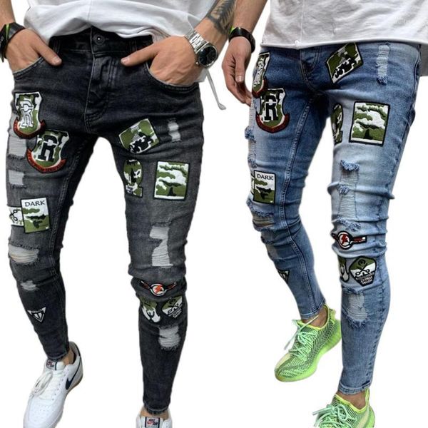 

jeans men skinny stretchy ripped patchwork pants slim fit hole denim trousers mens pencil jeans1, Blue