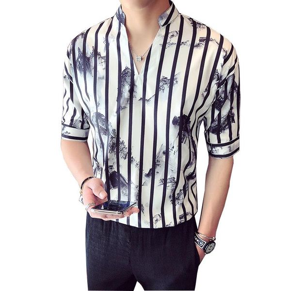 

loldeal new standing men collar pullover shirts fashion vertical stripes printing shirt half sleeve men's casual shirt, White;black