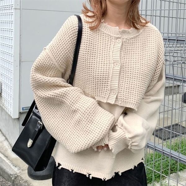 New Women's Colete Sweater Sweater Lantern Manga Longa Blusa Two-Peça Japonesa Simples Feminino Feminino Tops Frente e Voltar Dois Desgaste 201109