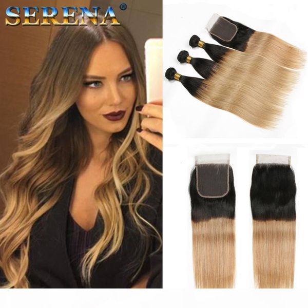 

t 1b 27 dark root honey blonde straight ombre human hair weave 3 bundles with closure brazilian virgin hair extensions human hair bundles, Black;brown
