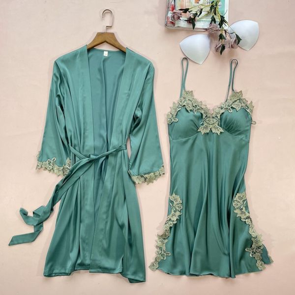 

sleepwear women robe set 2pcs nightwear satin kimono gown lace intimate lingerie 2021 spring new bathrobe nightdress, Black;red