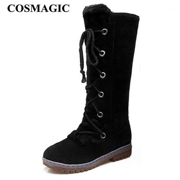 

boots cosmagic 2021 winter women knee high snow fashion lace up knight round toe low heel keep warm long1, Black