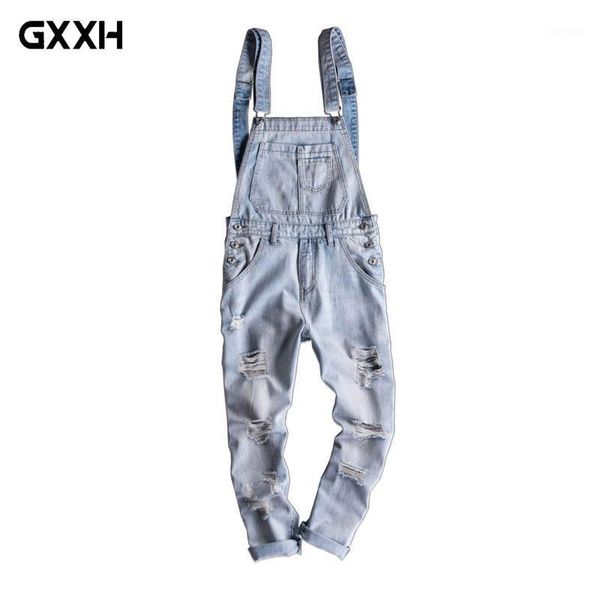

european and american tide hip-hop jeans jumpsuit men's slim korean bib pants light-colored hole nine pants men's overalls1, Blue