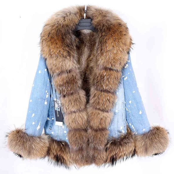 

women's wool & blends maomaokong new winter real natural raccoon fur collar denim jacket short parka female rabbit lining fur, Black