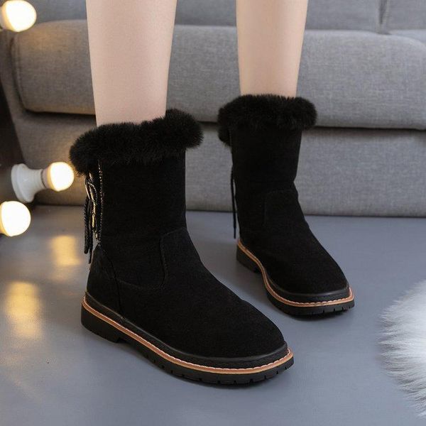 

winter new cotton shoes casual fashion short tube low heel ladies boots solid color round head snow boots women's, Black