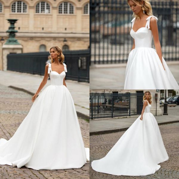 

2021 simple a line wedding dresses satin beach sweep train bridal gowns custom plus size, White