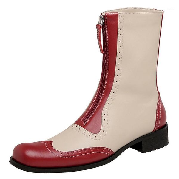 

fashion boots winter ankle boots for women square med heels round toe woman punk knight genuine leather1, Black