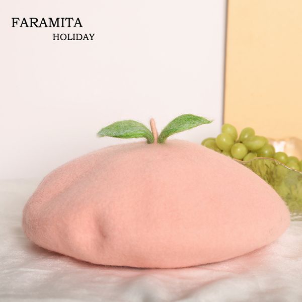 

faramita holiday peach cute fruit matte women girls handmade berets french beret pink winte autumn paninter hats wool manual 201019, Blue;gray