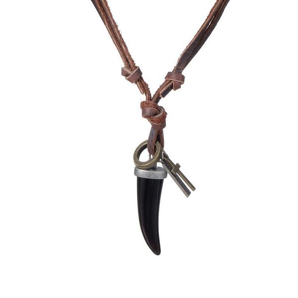 

eif dock horn pendant necklace men brown genuine leather necklace jewellery manmade ethnic charm accessories drop qylots, Black